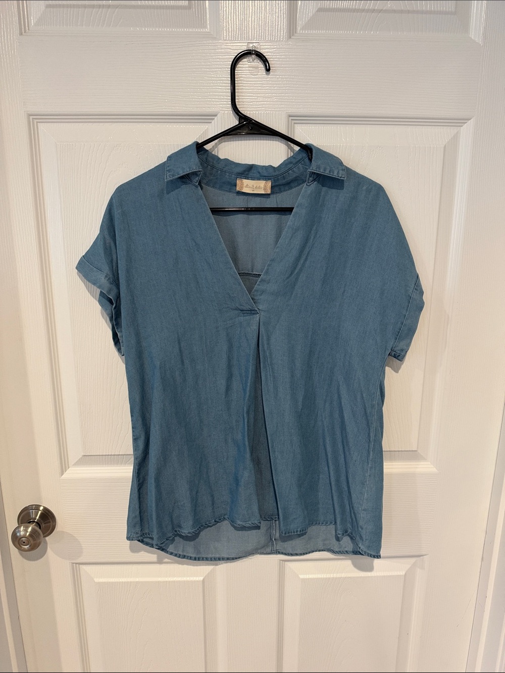 Altar'd State Light Denim V-Neck Short Sleeve Blouse